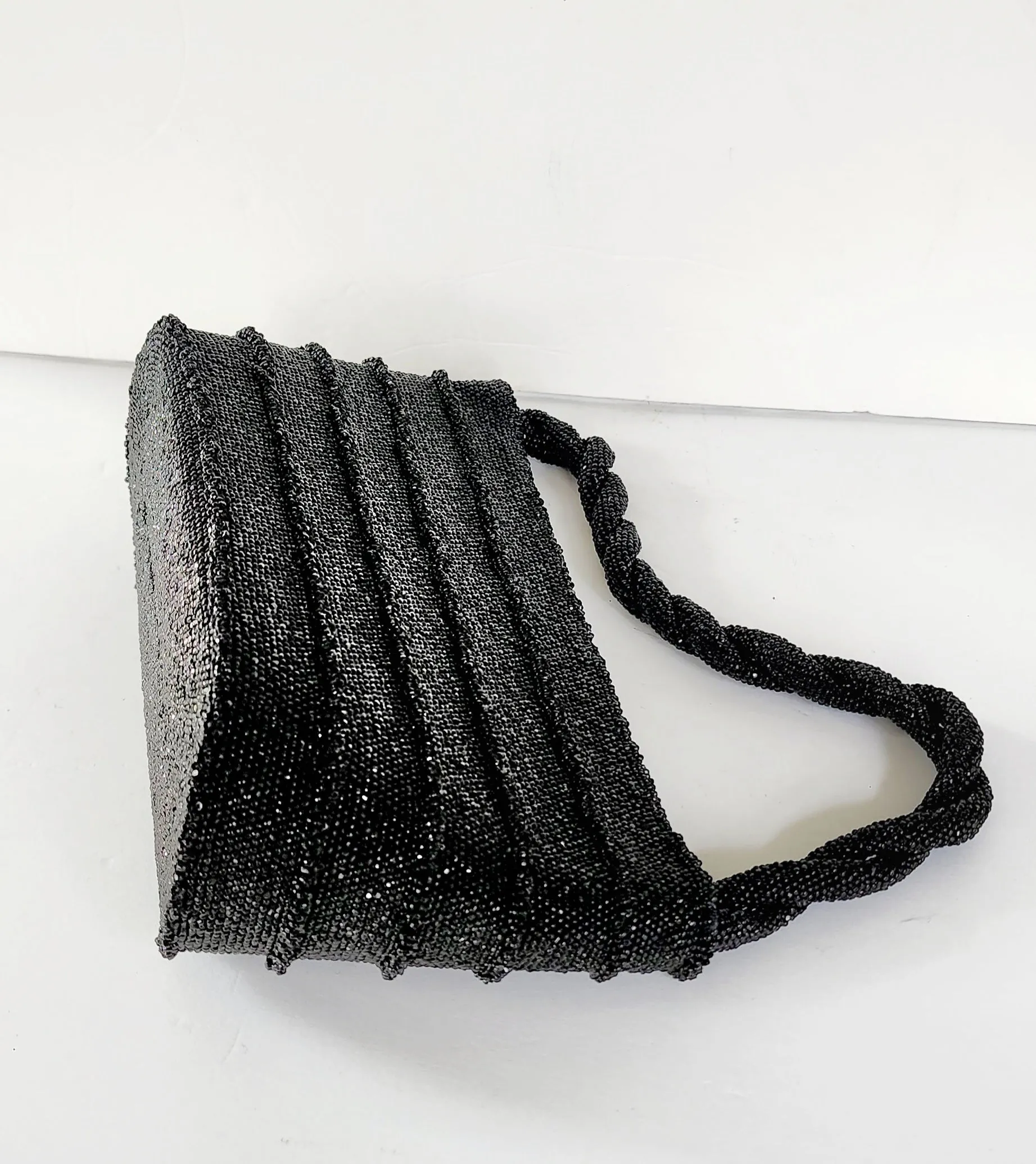 50s Black Beaded Handbag Shiny Hematite