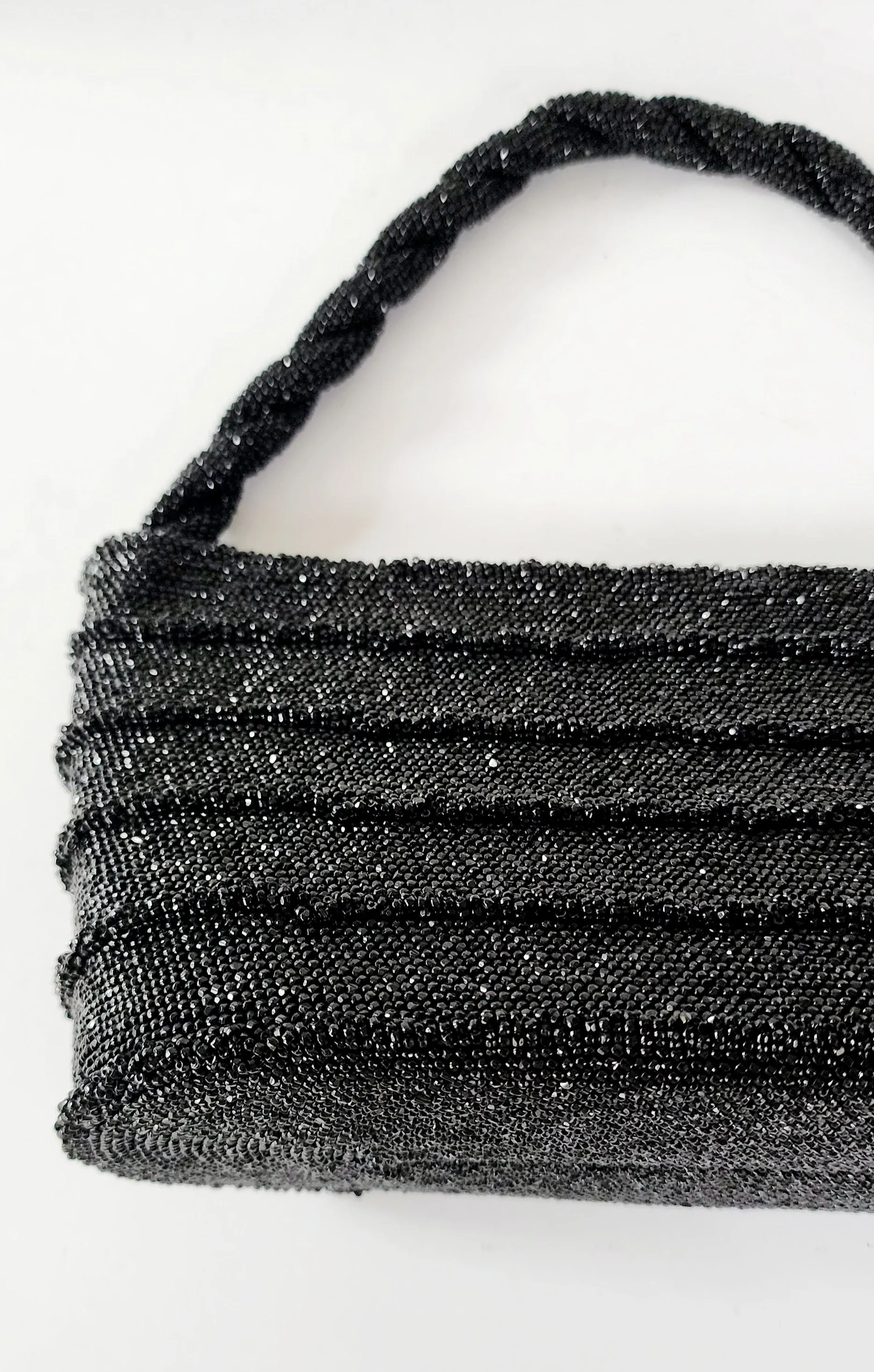 50s Black Beaded Handbag Shiny Hematite