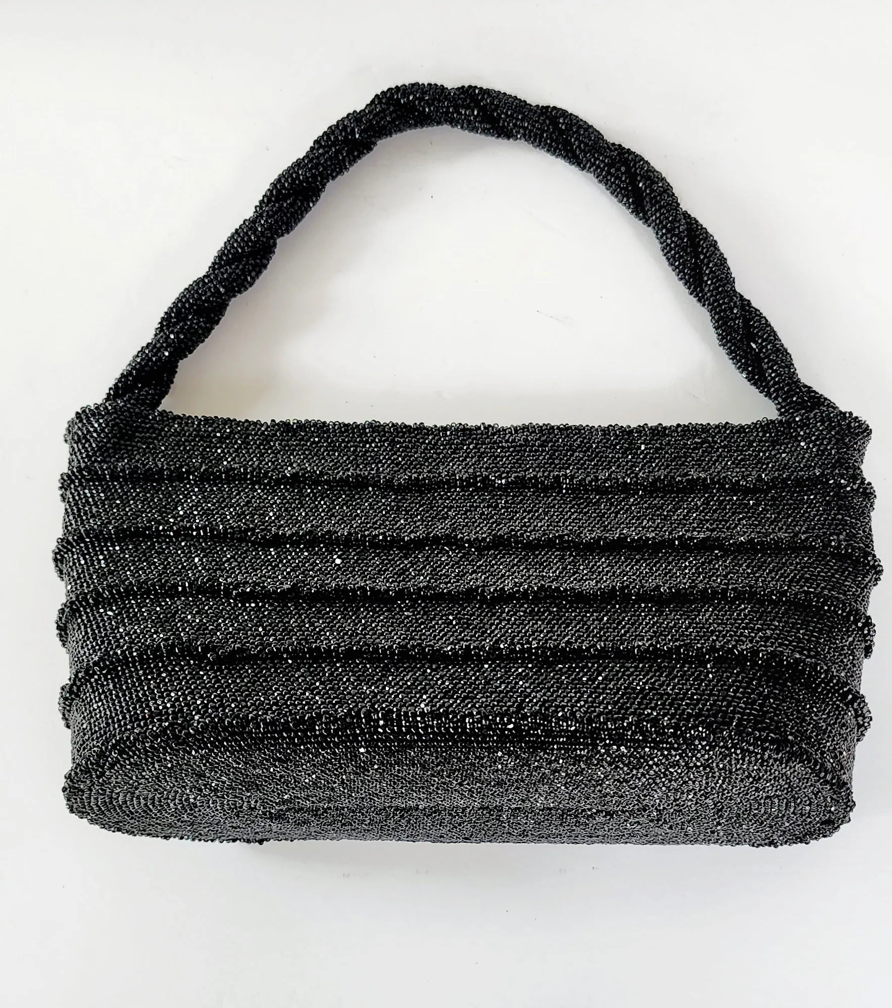 50s Black Beaded Handbag Shiny Hematite