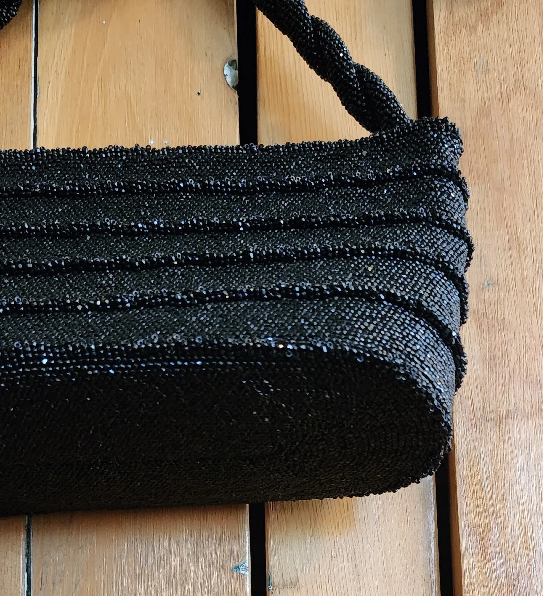 50s Black Beaded Handbag Shiny Hematite