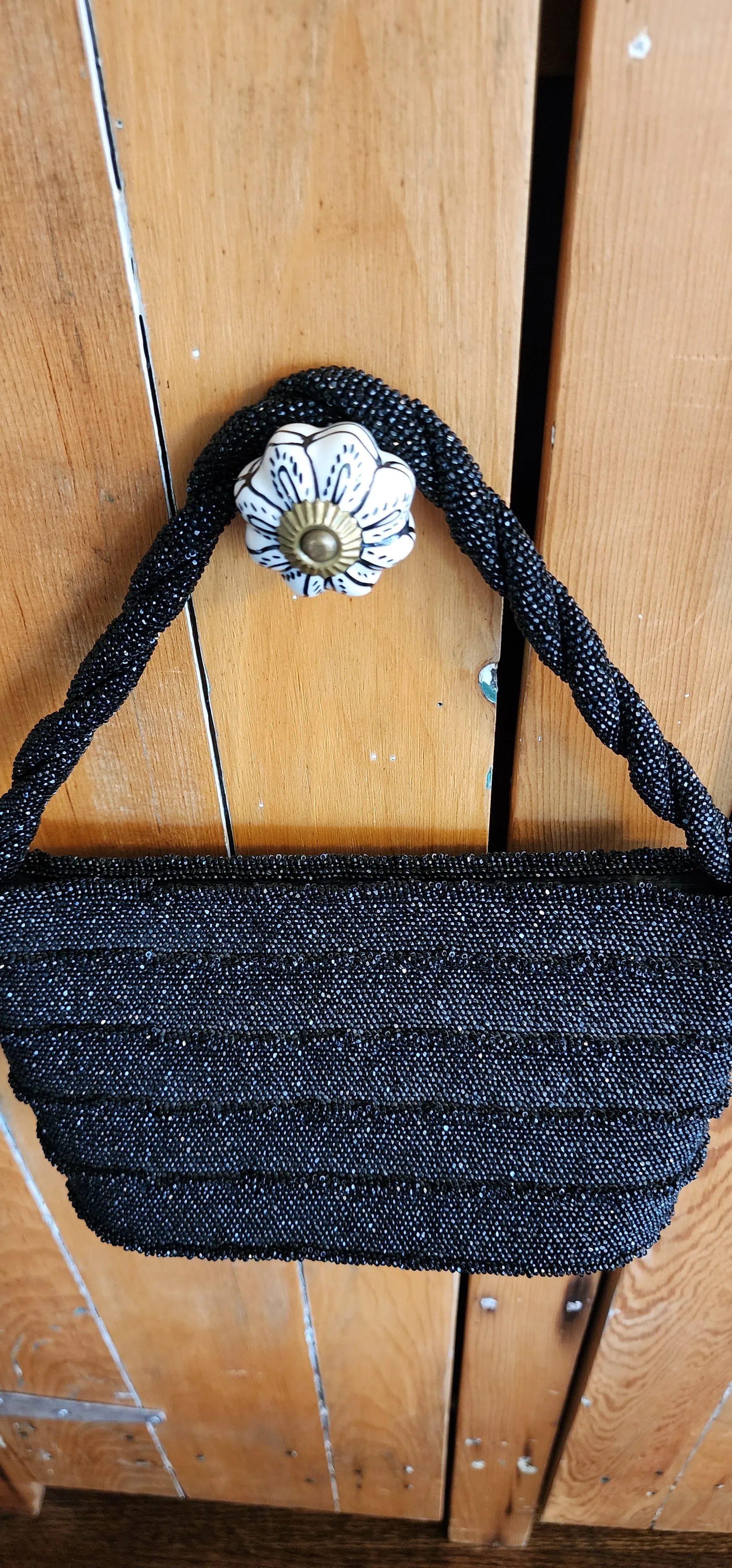 50s Black Beaded Handbag Shiny Hematite