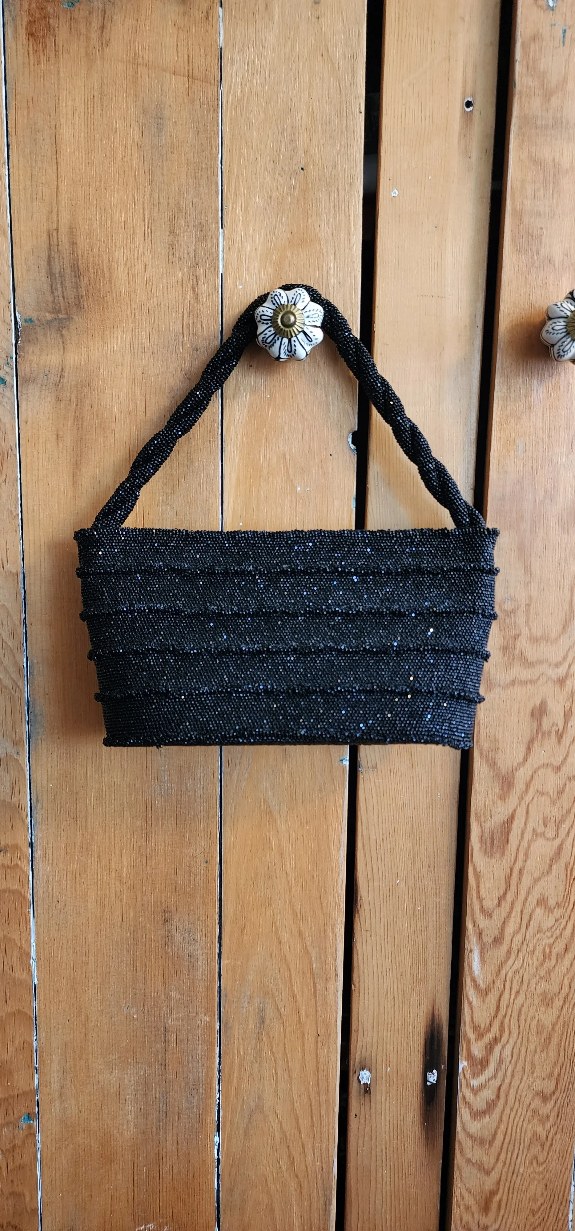 50s Black Beaded Handbag Shiny Hematite
