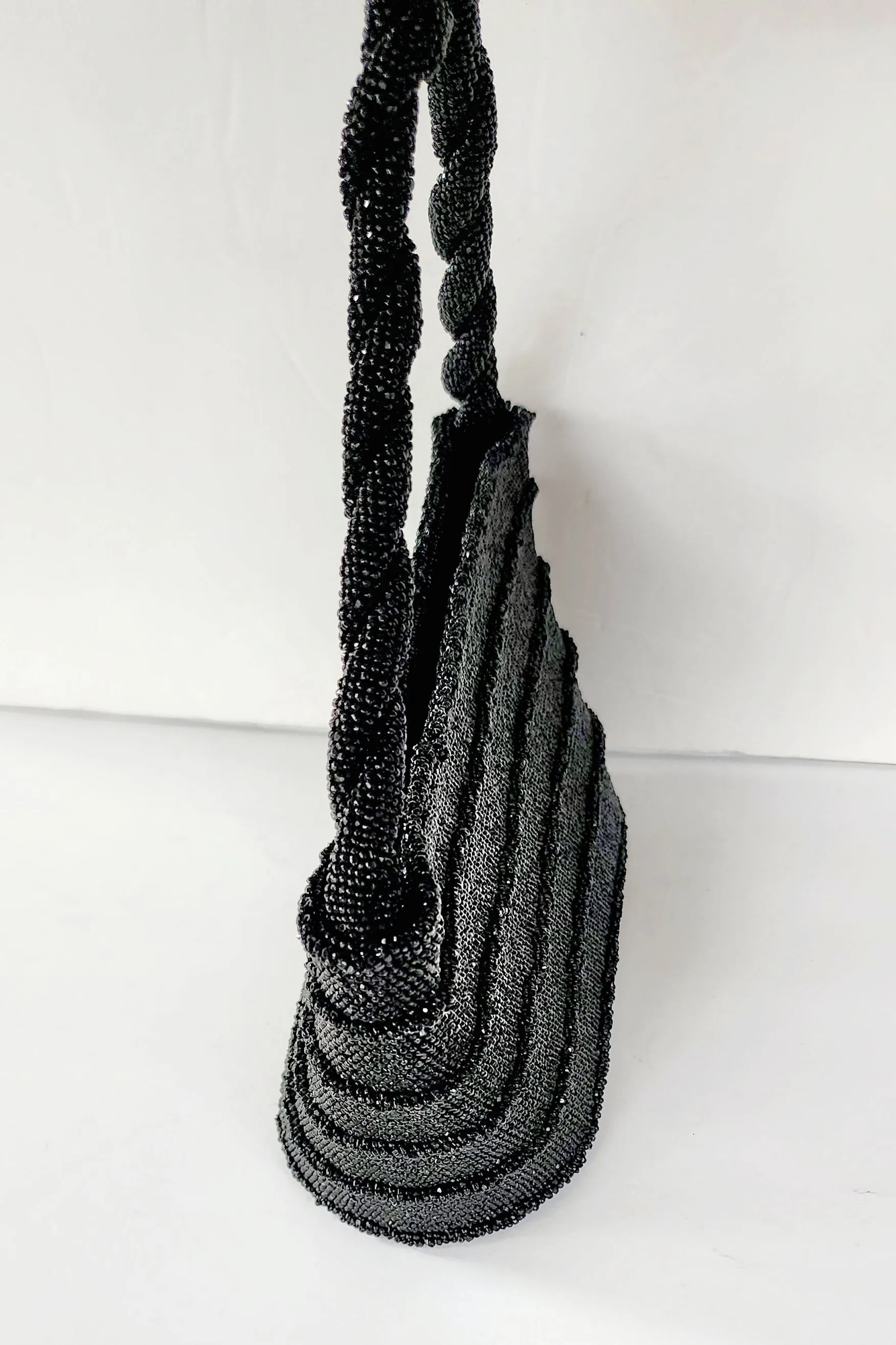 50s Black Beaded Handbag Shiny Hematite