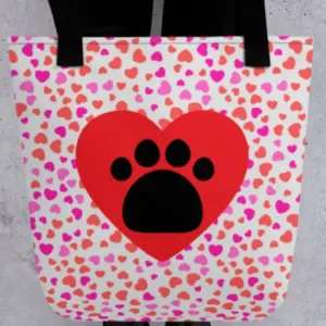 Allover Hearts & Large Heart w/ Paw Dog Tote Bag-Lt. Pink