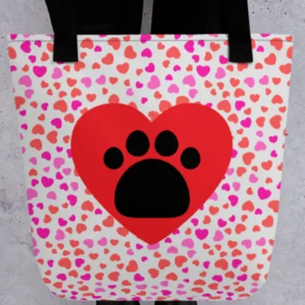 Allover Hearts & Large Heart w/ Paw Dog Tote Bag-Lt. Pink