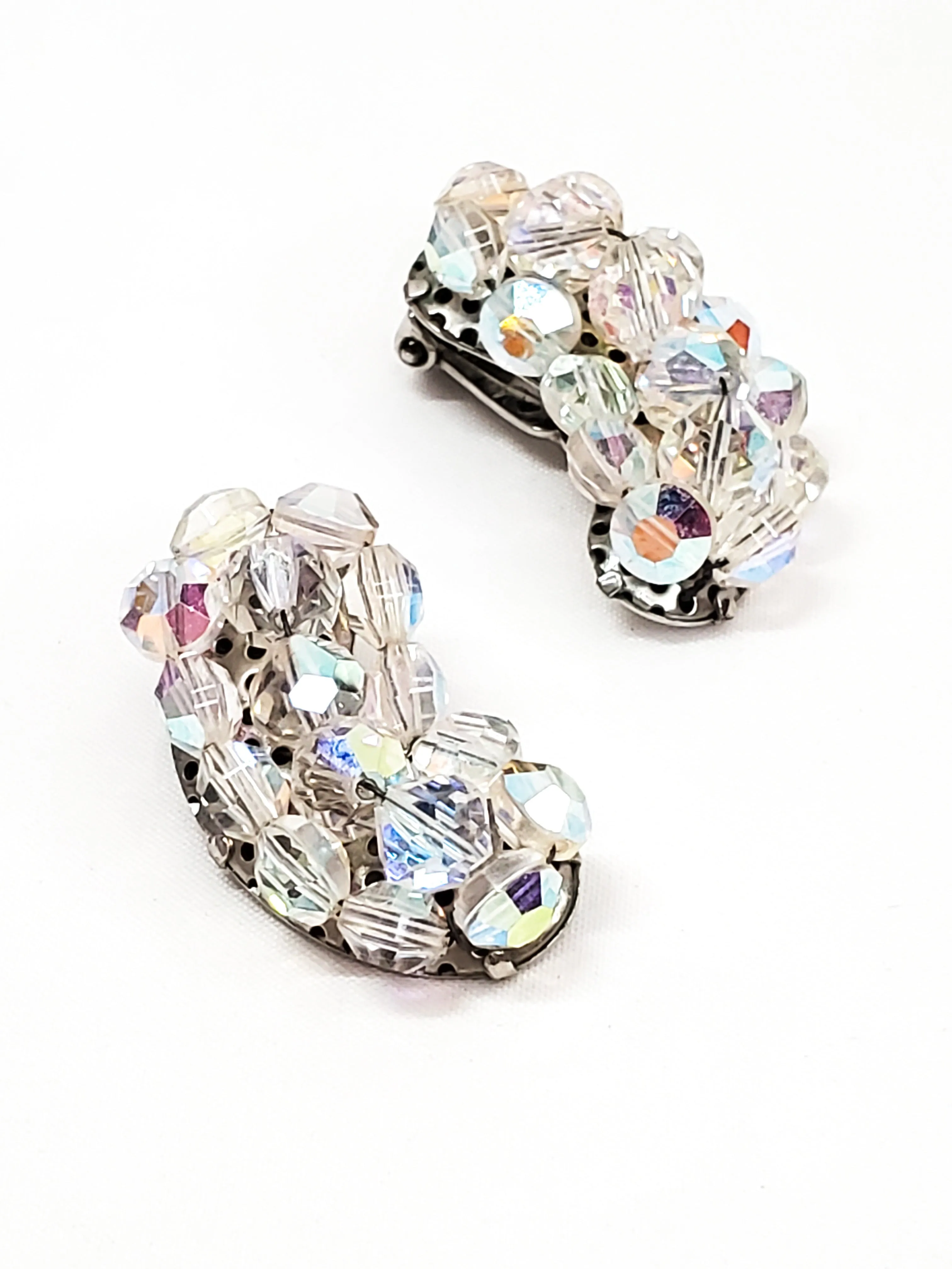 Austrian crystal aurora borealis beaded cluster clip on earrings mid century