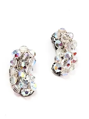 Austrian crystal aurora borealis beaded cluster clip on earrings mid century