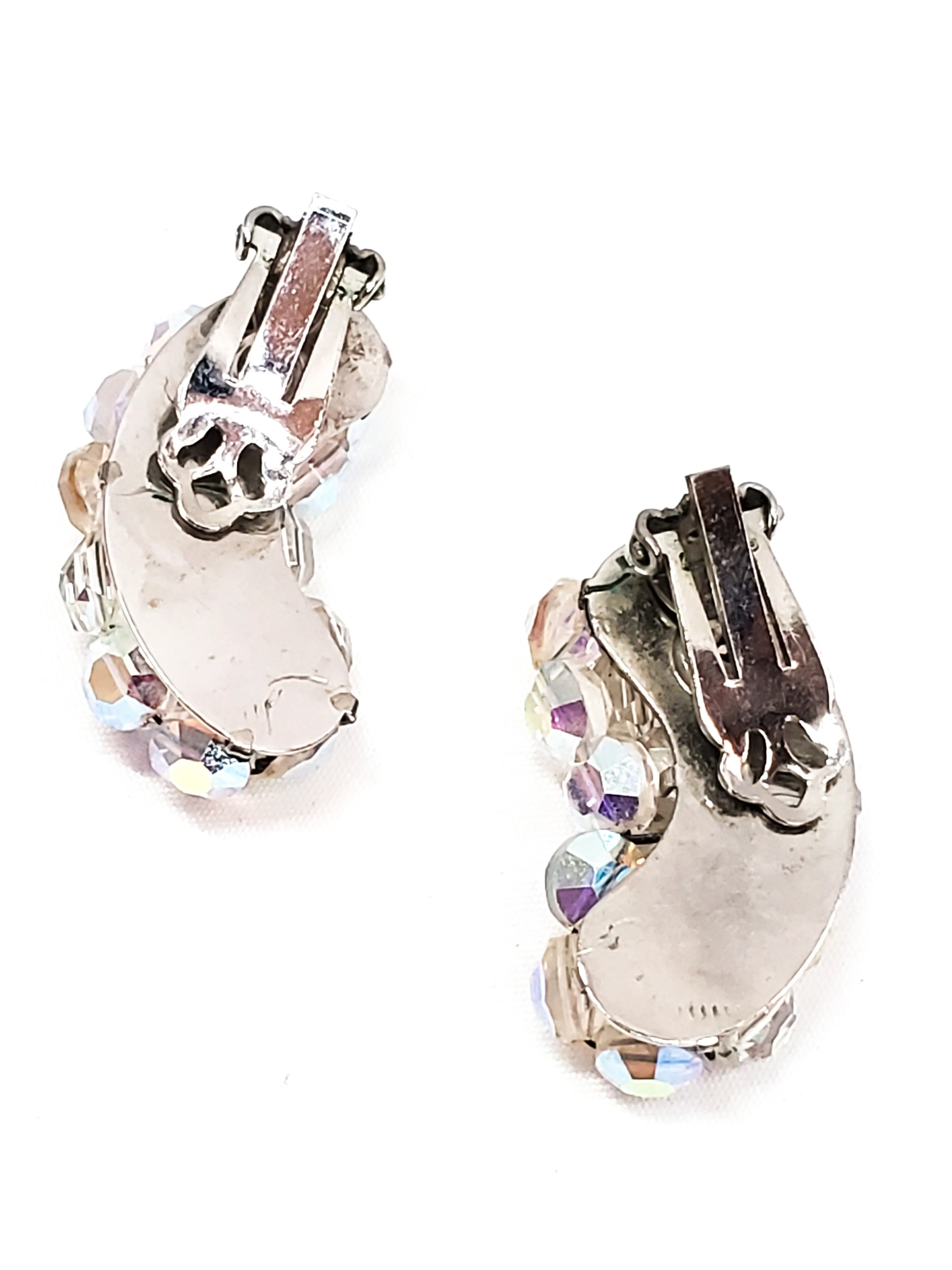 Austrian crystal aurora borealis beaded cluster clip on earrings mid century