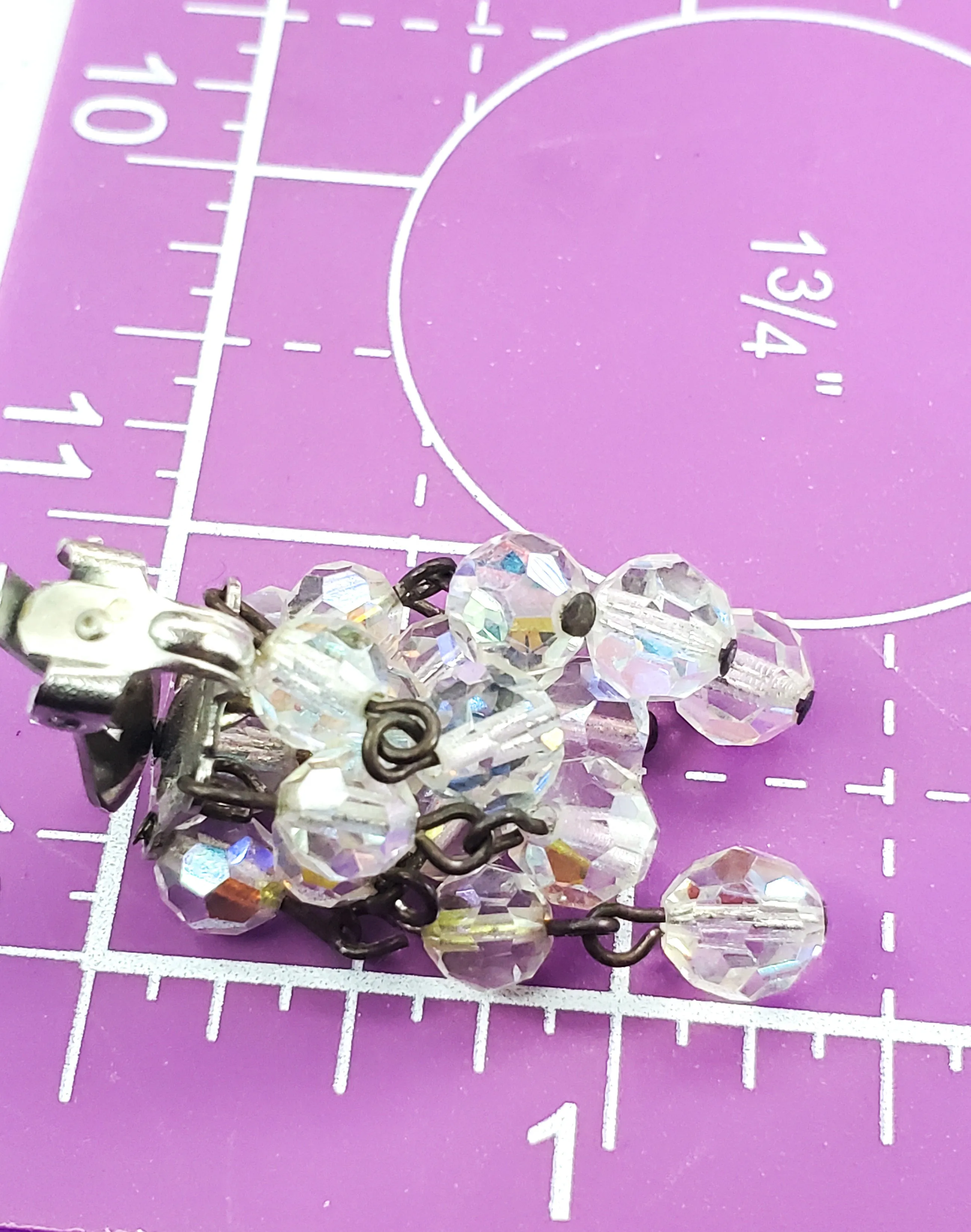 Austrian rainbow crystal waterfall drop beaded vintage clip on earrings mid century