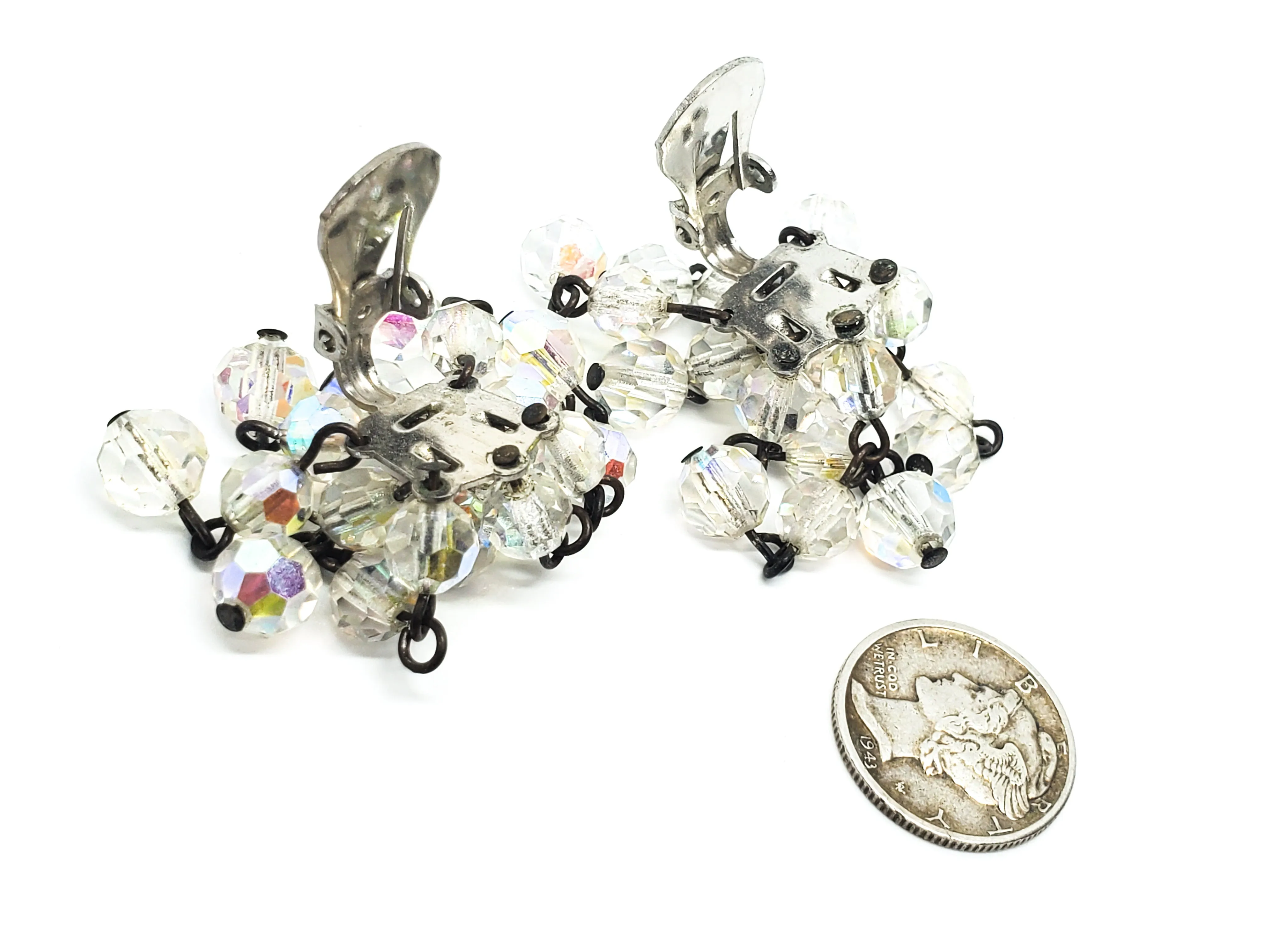 Austrian rainbow crystal waterfall drop beaded vintage clip on earrings mid century