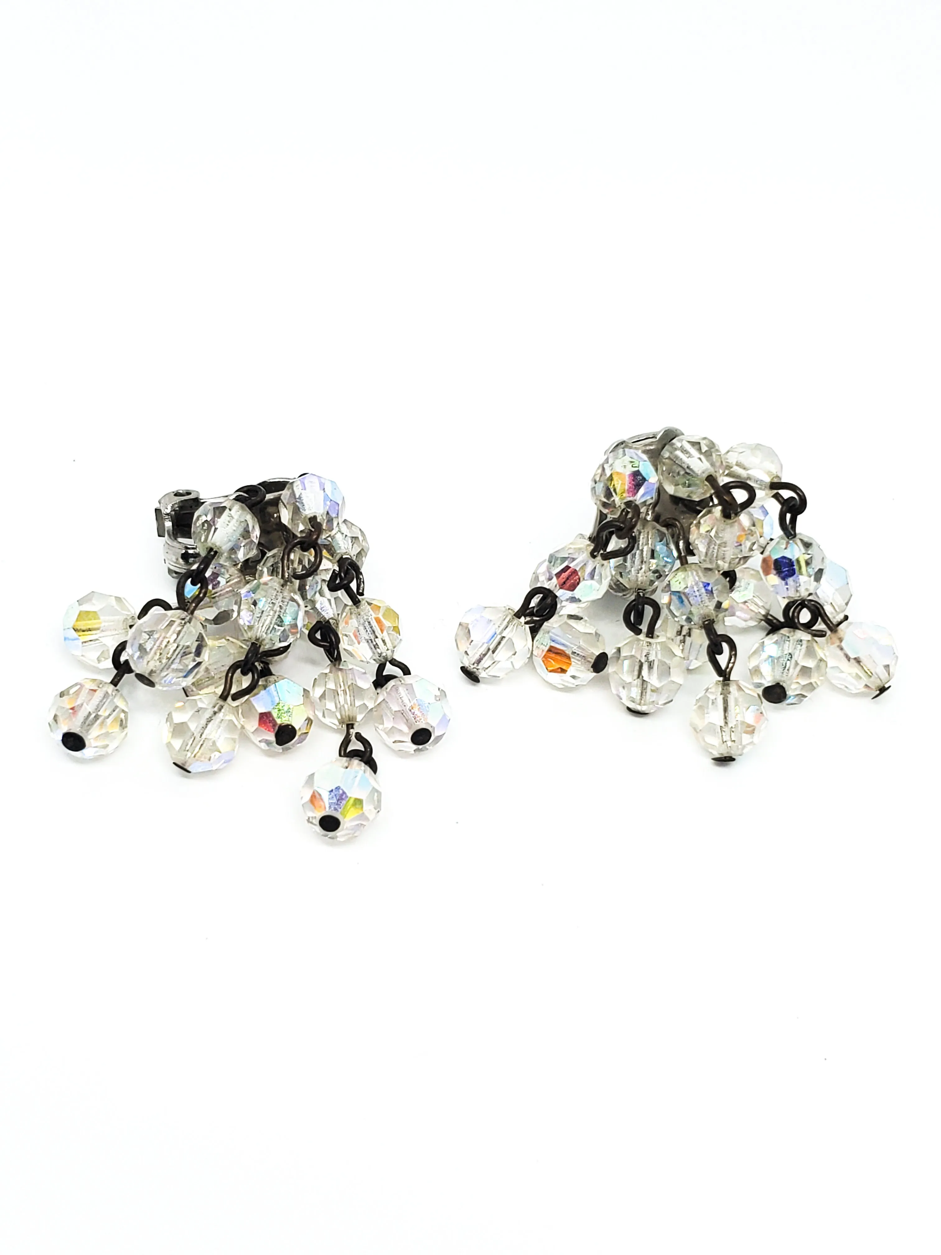 Austrian rainbow crystal waterfall drop beaded vintage clip on earrings mid century