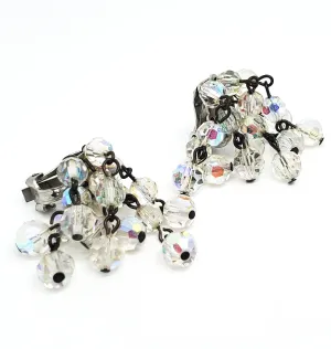 Austrian rainbow crystal waterfall drop beaded vintage clip on earrings mid century