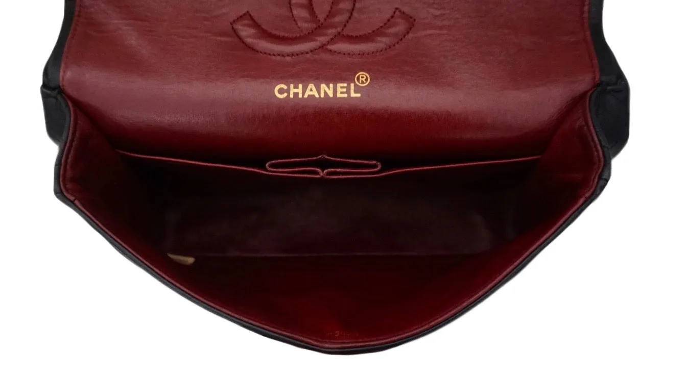 Authentic Chanel Vintage Black Lambskin 2.55 10” Medium Flap Handbag