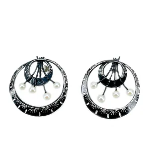 Black Enamel Akoya Saltwater Cultured Pearl Screwback Earrings- Sterling Silver