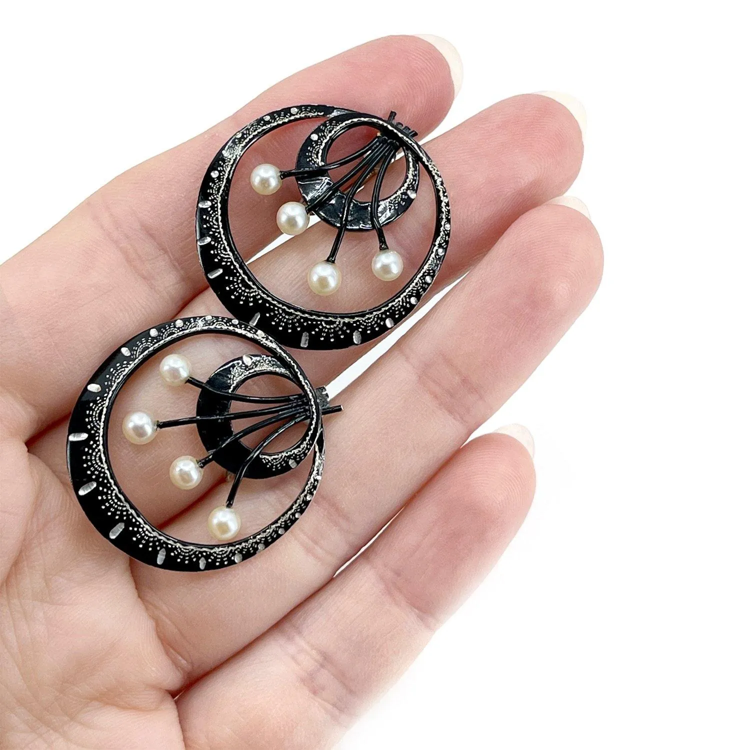 Black Enamel Akoya Saltwater Cultured Pearl Screwback Earrings- Sterling Silver