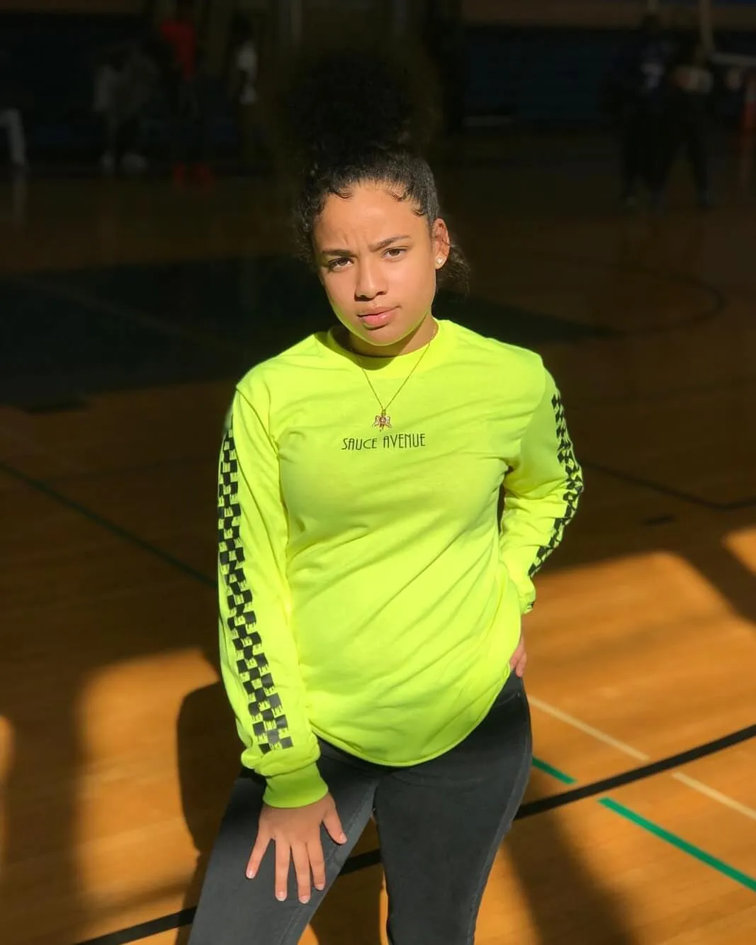 Black SA | Neon Yellow Long Sleeve Tee (Solid Checkered Drippin Sleeve)
