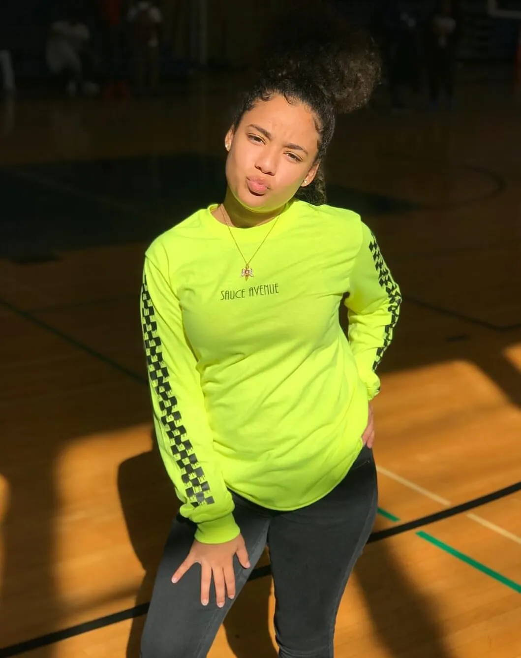 Black SA | Neon Yellow Long Sleeve Tee (Solid Checkered Drippin Sleeve)