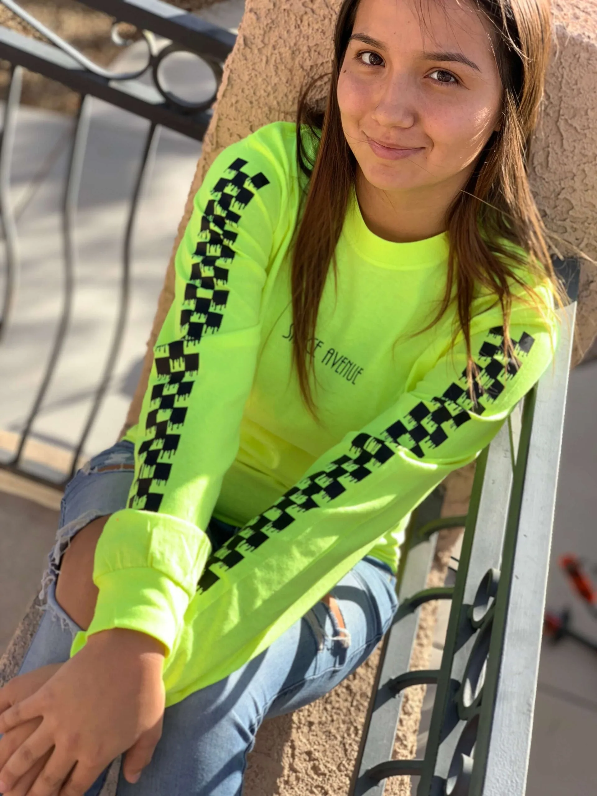 Black SA | Neon Yellow Long Sleeve Tee (Solid Checkered Drippin Sleeve)