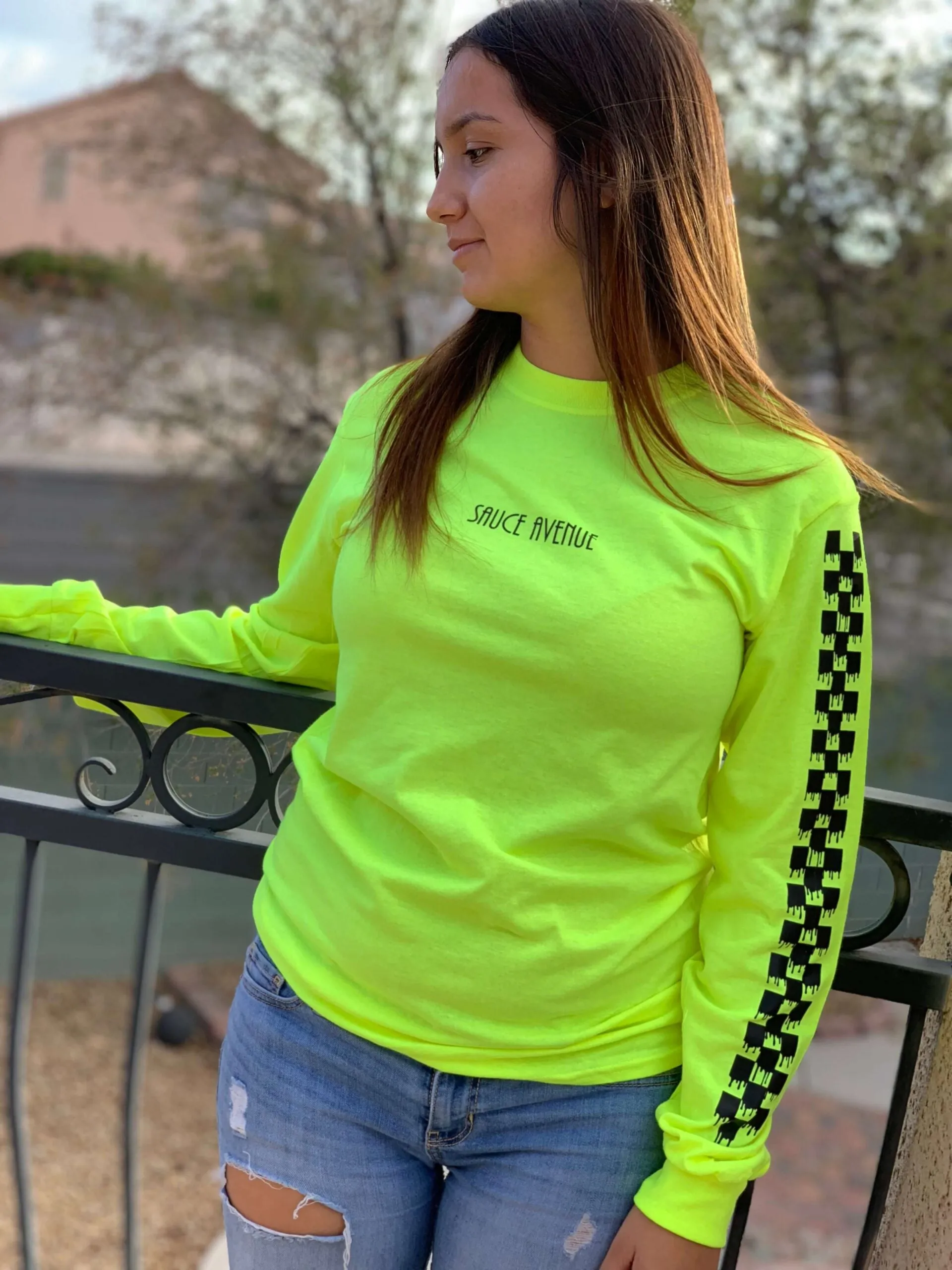 Black SA | Neon Yellow Long Sleeve Tee (Solid Checkered Drippin Sleeve)