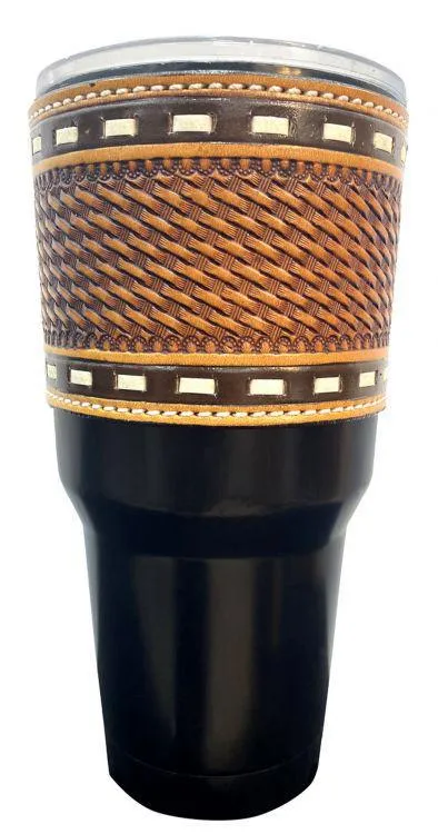 Black Tumbler with Removable Argentina Cow Leather tooled sleeve
