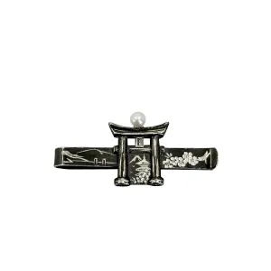 Black Vintage Tori Fuji Men's Japanese Saltwater Akoya Cultured Pearl Sakura Cherry Tie Bar- Sterling Silver