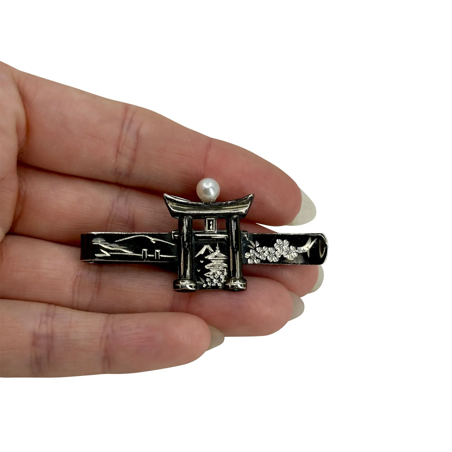 Black Vintage Tori Fuji Men's Japanese Saltwater Akoya Cultured Pearl Sakura Cherry Tie Bar- Sterling Silver