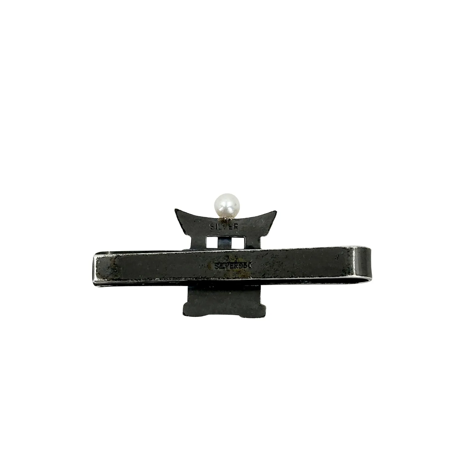 Black Vintage Tori Fuji Men's Japanese Saltwater Akoya Cultured Pearl Sakura Cherry Tie Bar- Sterling Silver