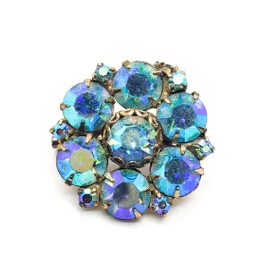 Blue Aurora borealis rainbow coated vintage rhinestone brooch handcrafted