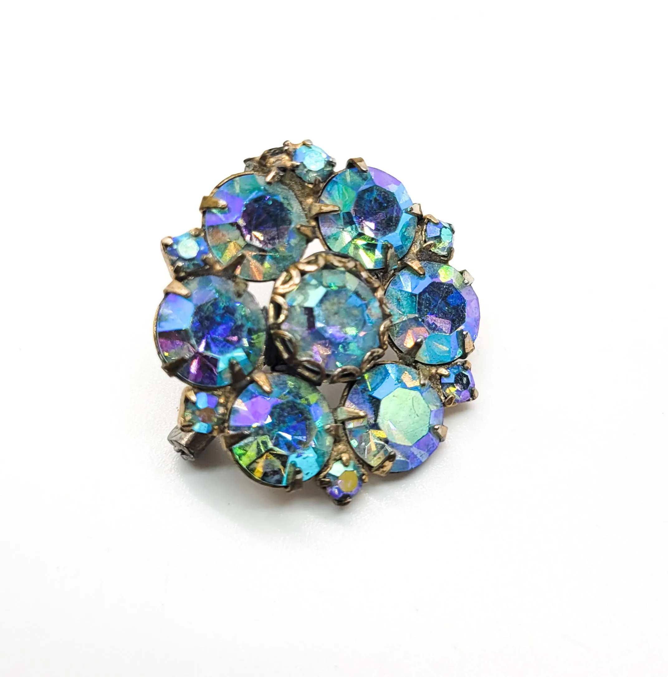 Blue Aurora borealis rainbow coated vintage rhinestone brooch handcrafted