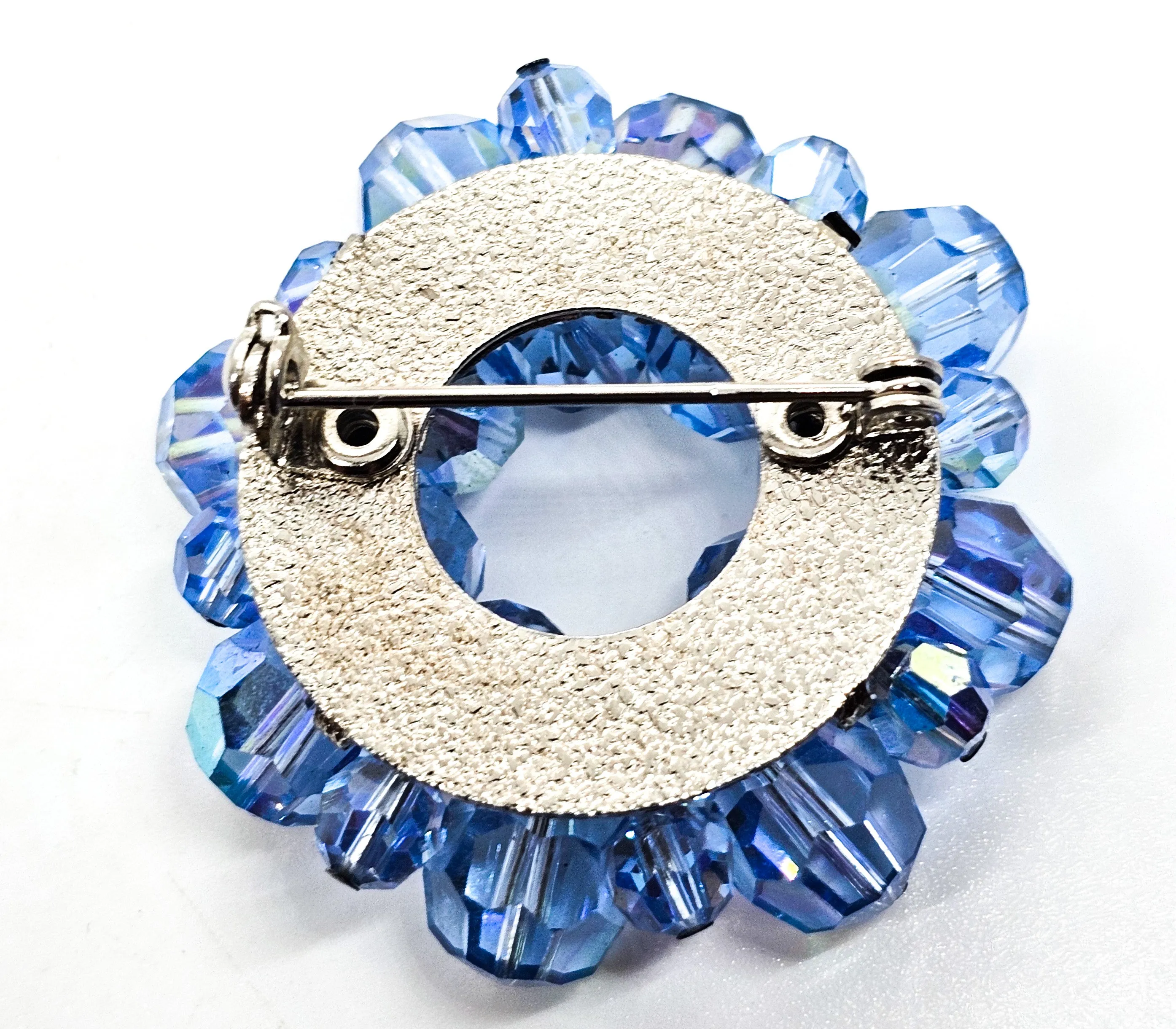Blue Austrian Crystal Aurora Borealis beaded vintage mid century circle brooch