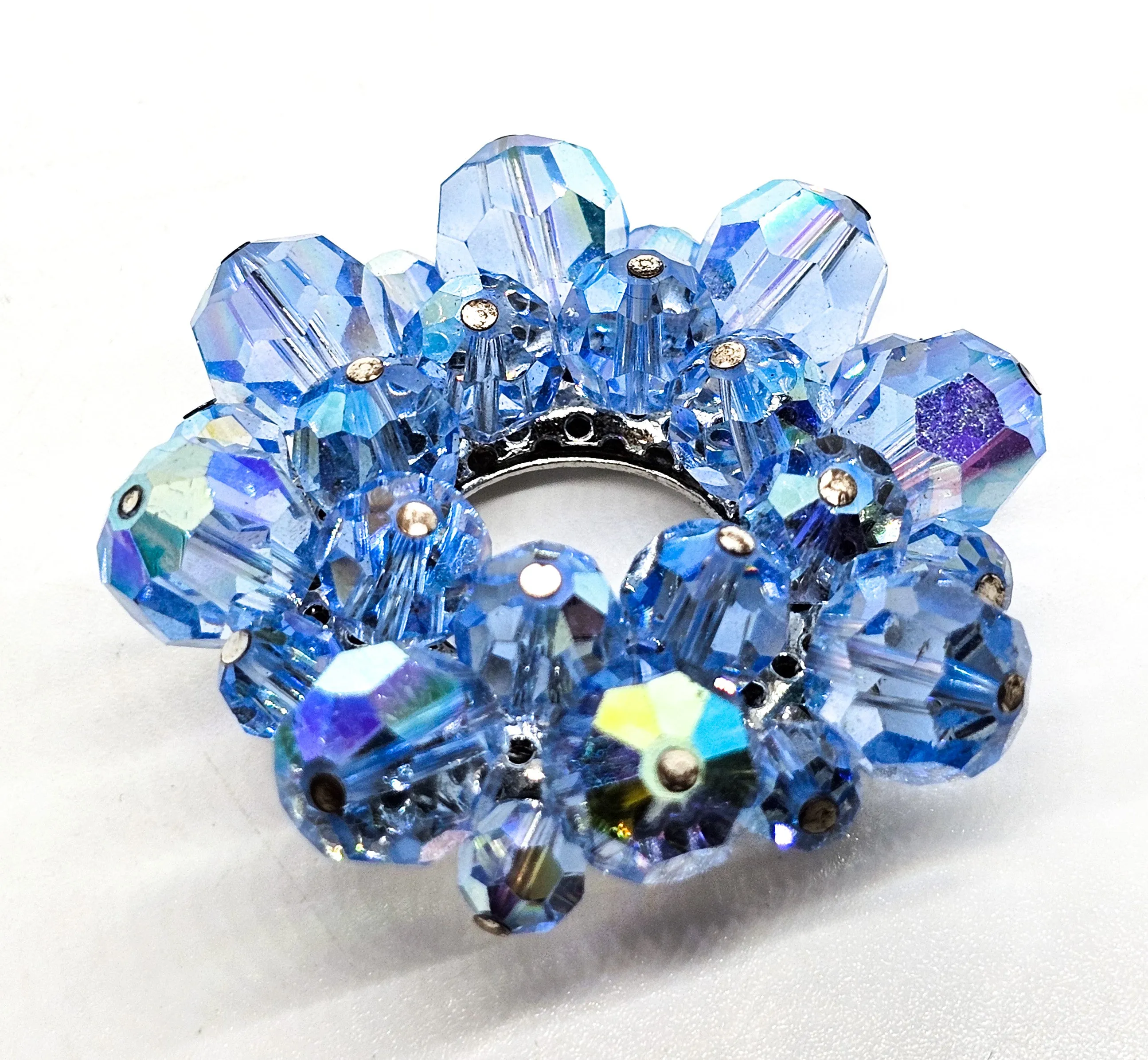 Blue Austrian Crystal Aurora Borealis beaded vintage mid century circle brooch