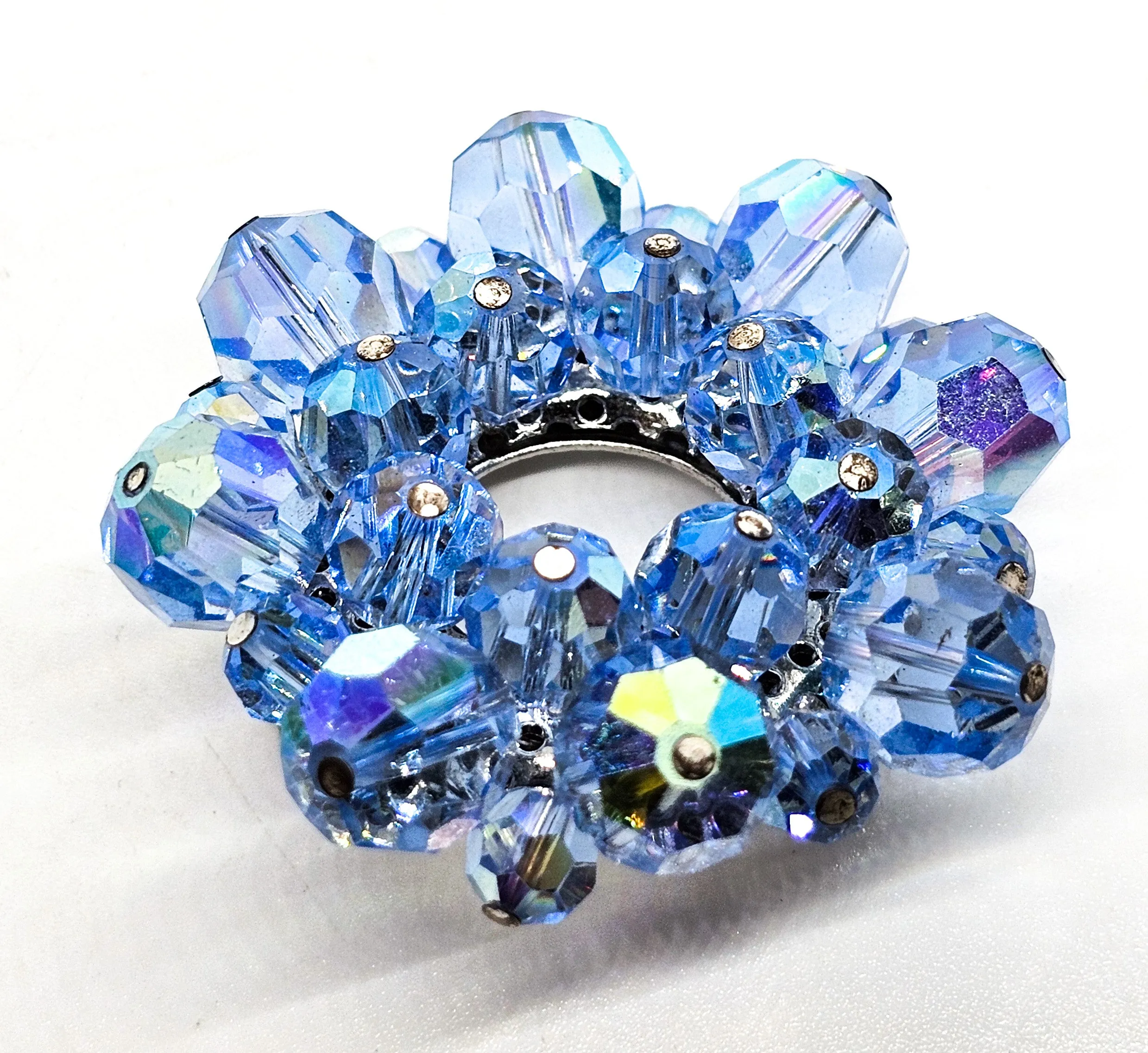 Blue Austrian Crystal Aurora Borealis beaded vintage mid century circle brooch
