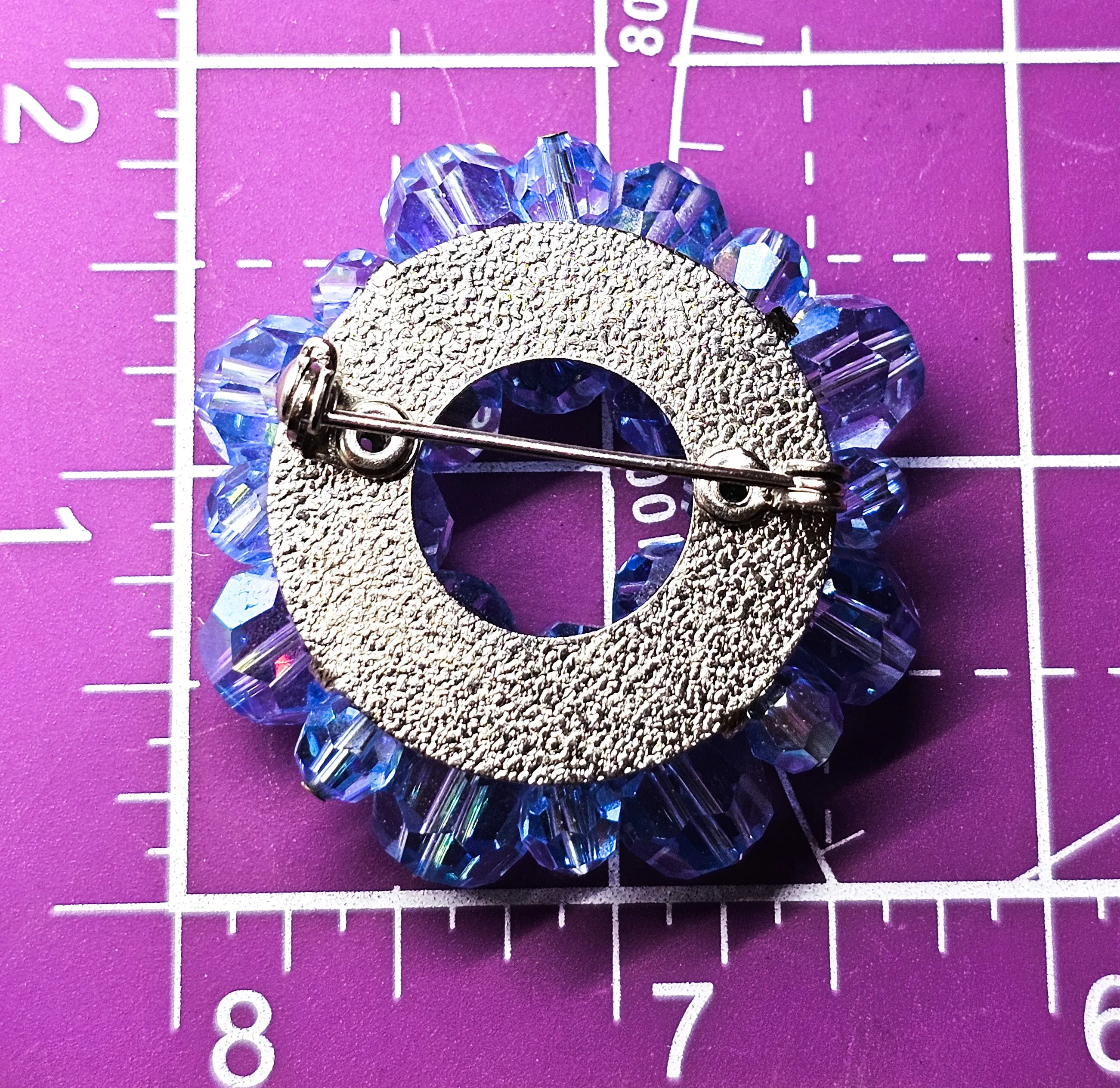 Blue Austrian Crystal Aurora Borealis beaded vintage mid century circle brooch