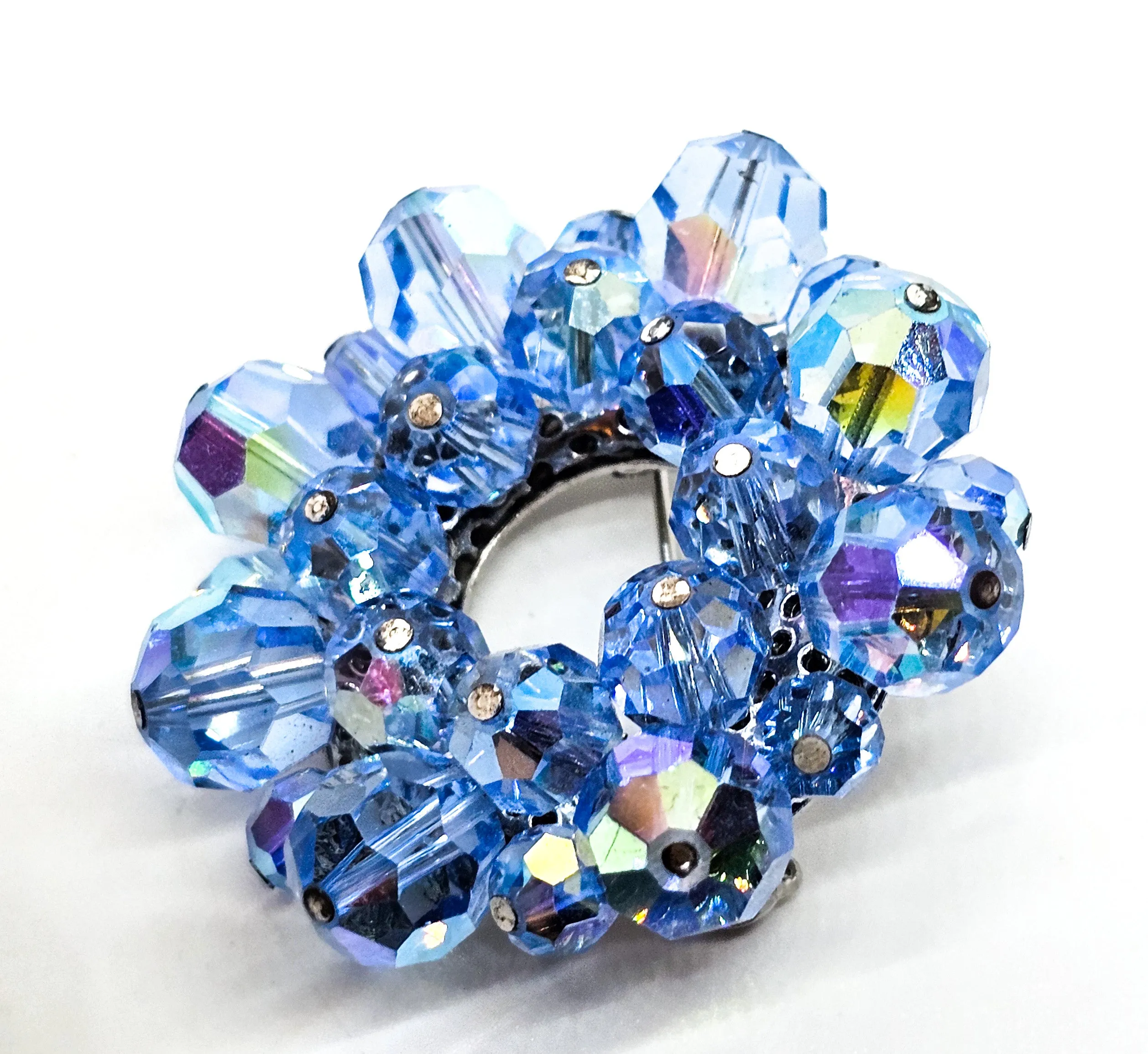 Blue Austrian Crystal Aurora Borealis beaded vintage mid century circle brooch