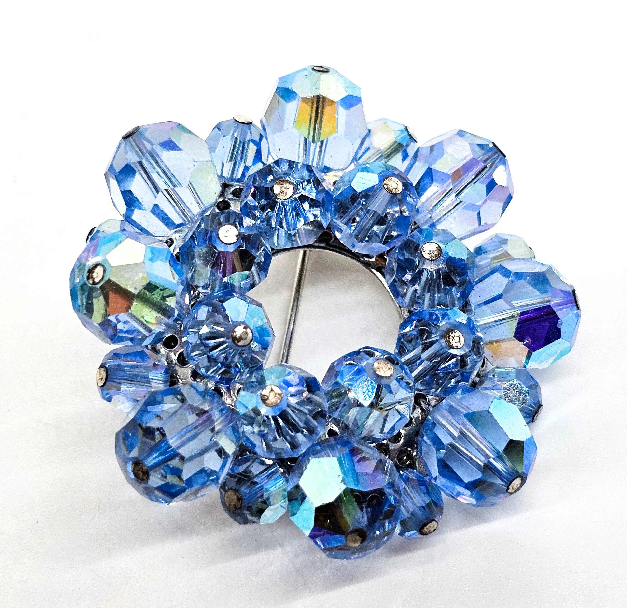 Blue Austrian Crystal Aurora Borealis beaded vintage mid century circle brooch
