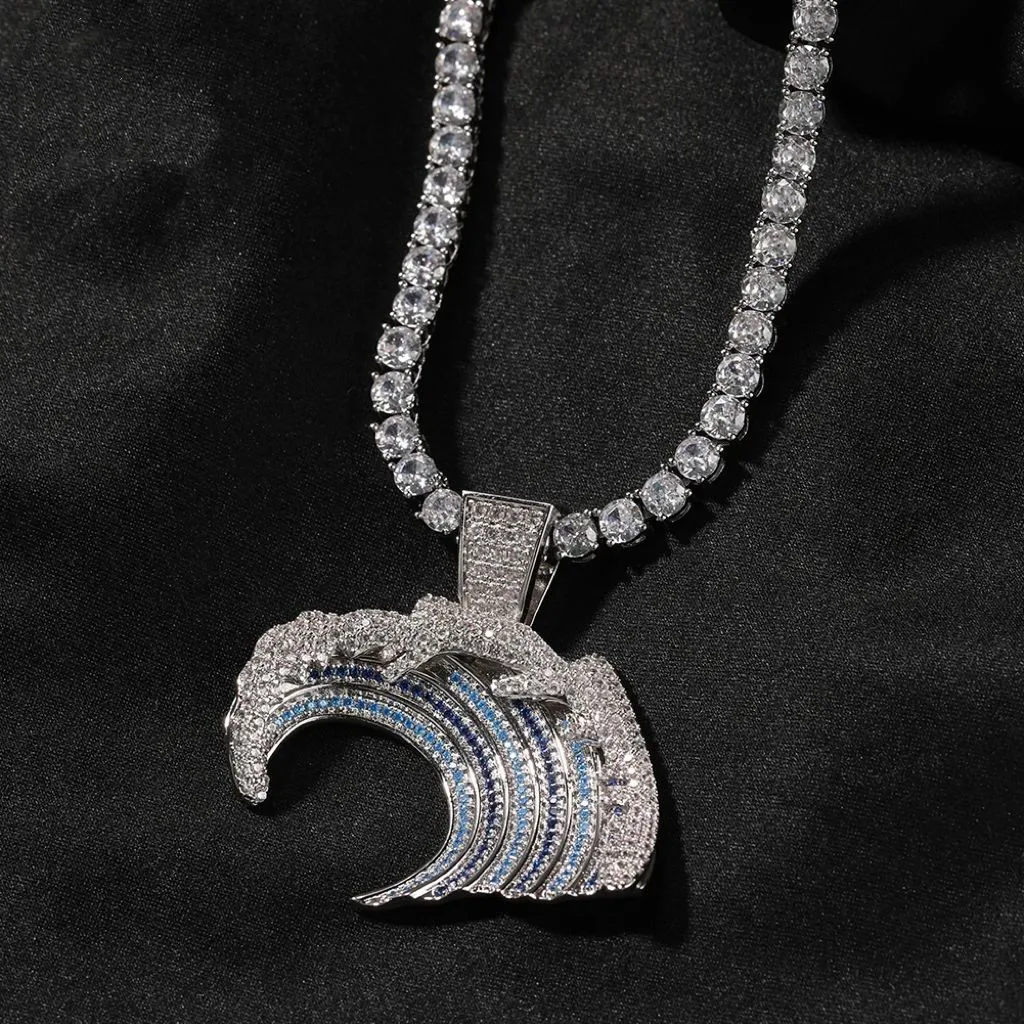 Blue Zircon Wave Pendant Necklace