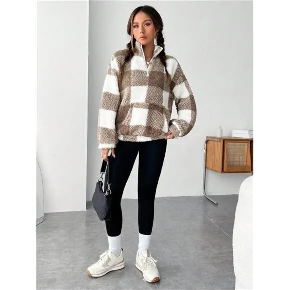 Buffalo Plaid Print Half Zip Drop Shoulder Teddy Sweatshirt