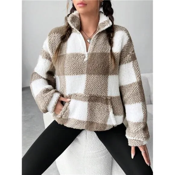 Buffalo Plaid Print Half Zip Drop Shoulder Teddy Sweatshirt