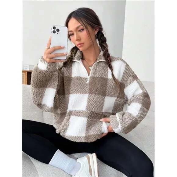 Buffalo Plaid Print Half Zip Drop Shoulder Teddy Sweatshirt