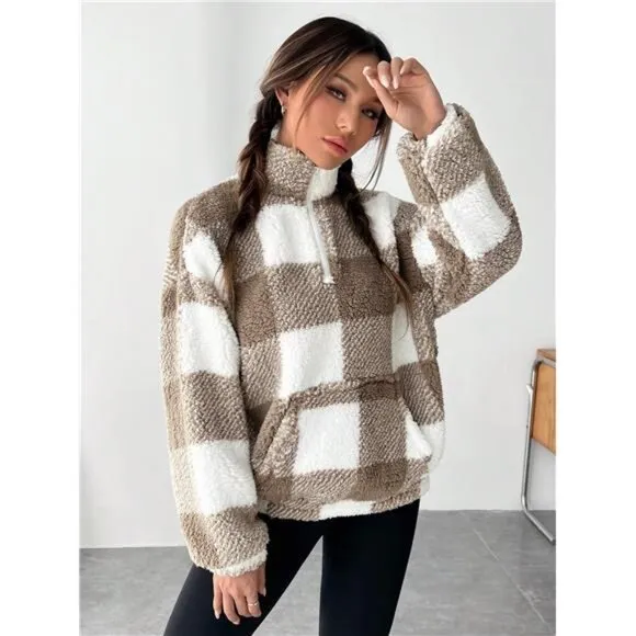 Buffalo Plaid Print Half Zip Drop Shoulder Teddy Sweatshirt