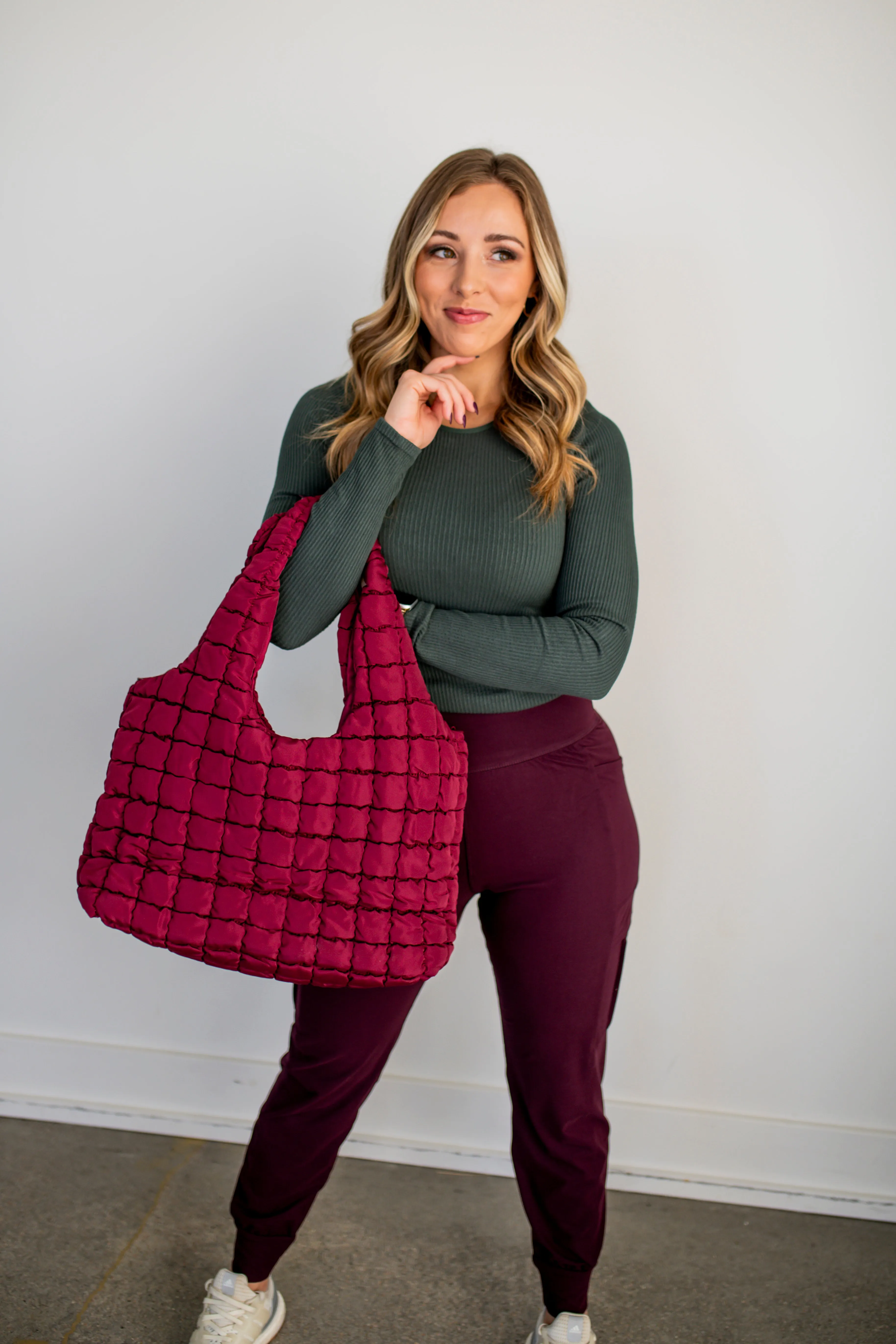 Burgundy Quilted Puffer Nylon Hobo