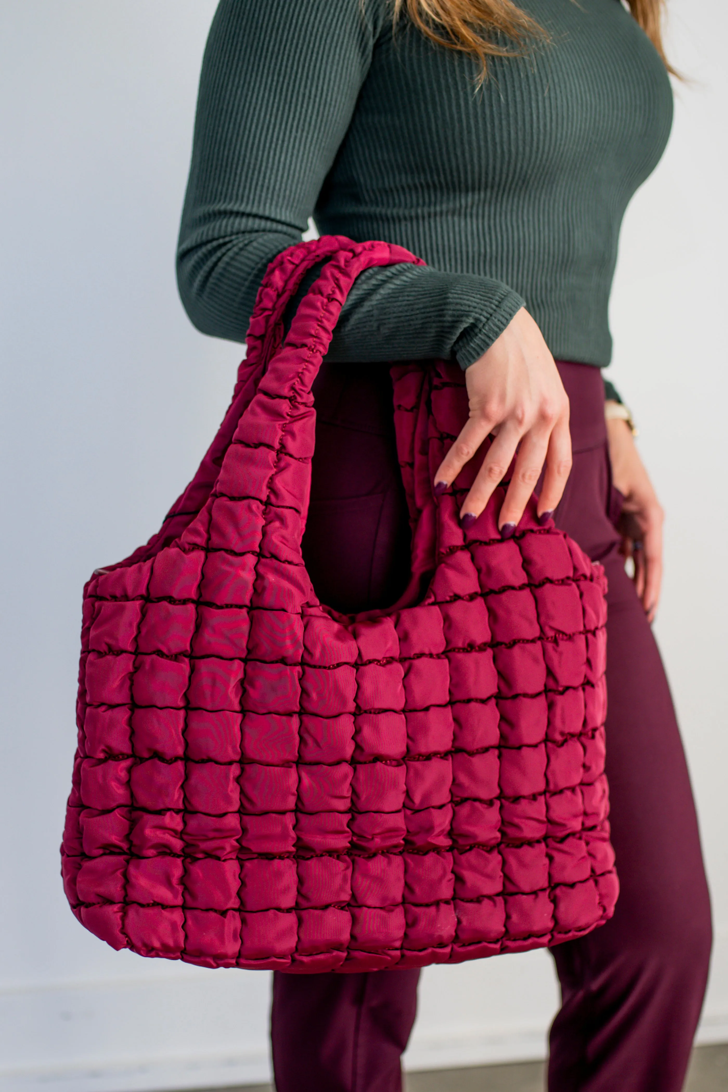 Burgundy Quilted Puffer Nylon Hobo