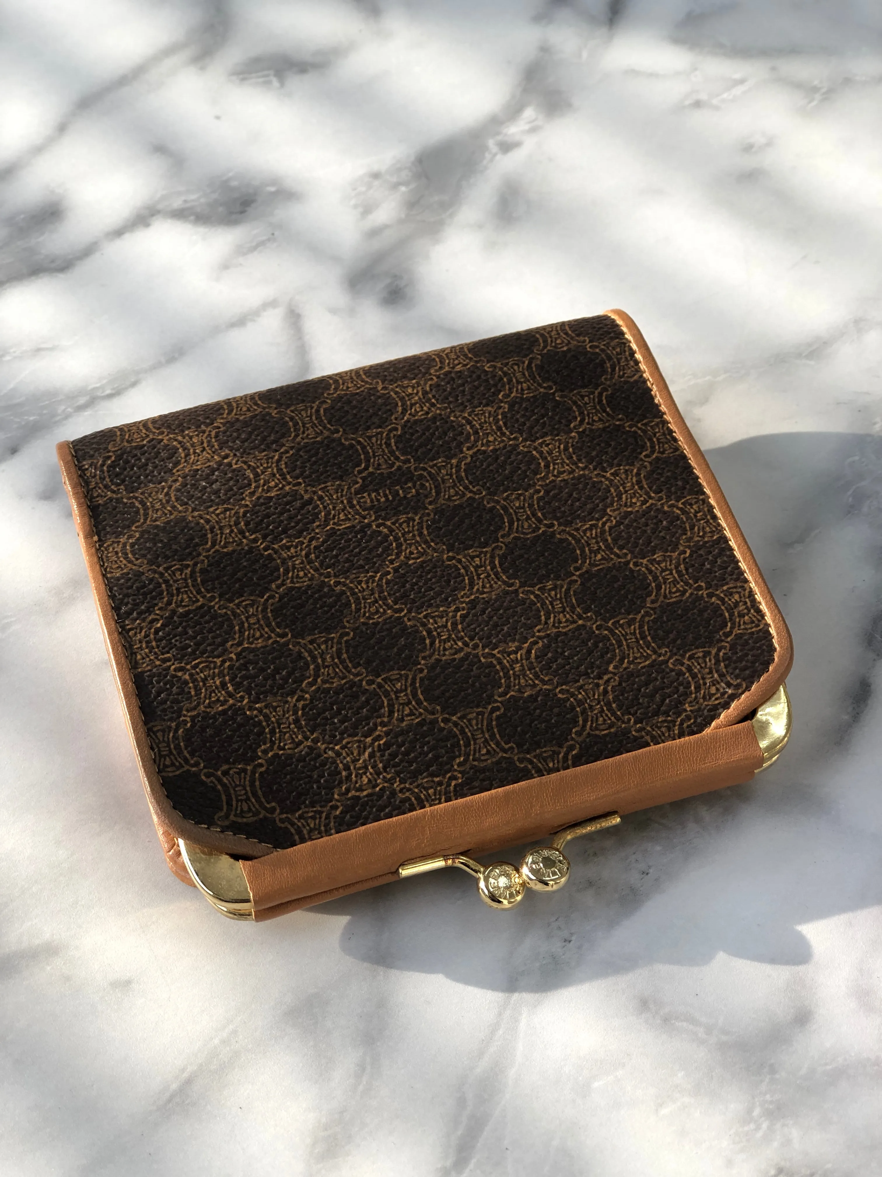 CELINE Macadam Blason Metal Clasp Folded Wallet Brown Vintage u7djjc