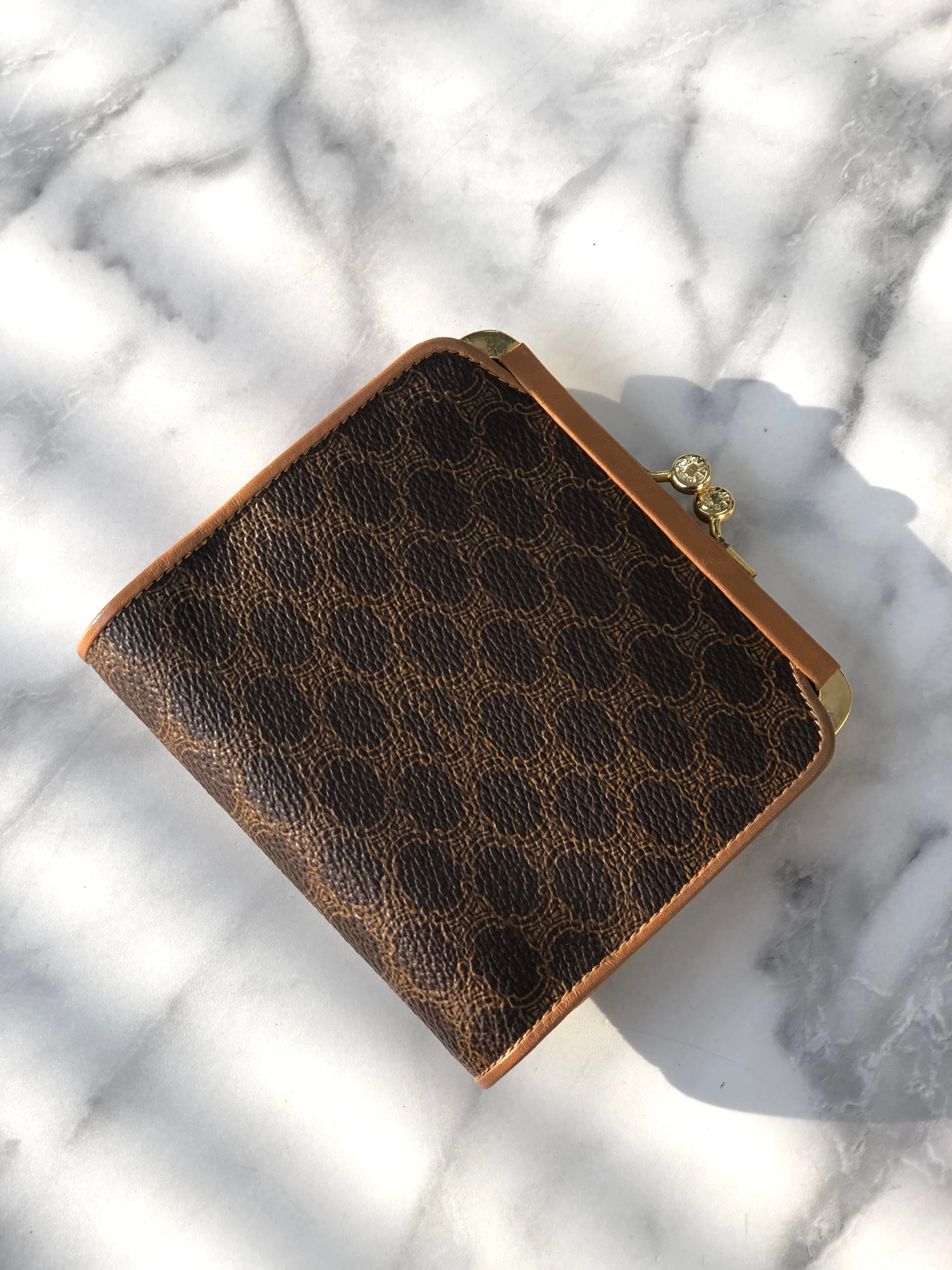 CELINE Macadam Blason Metal Clasp Folded Wallet Brown Vintage u7djjc