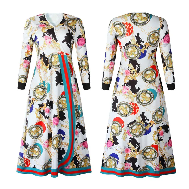 Chain Print V-Neck Long Sleeve Maxi Dress