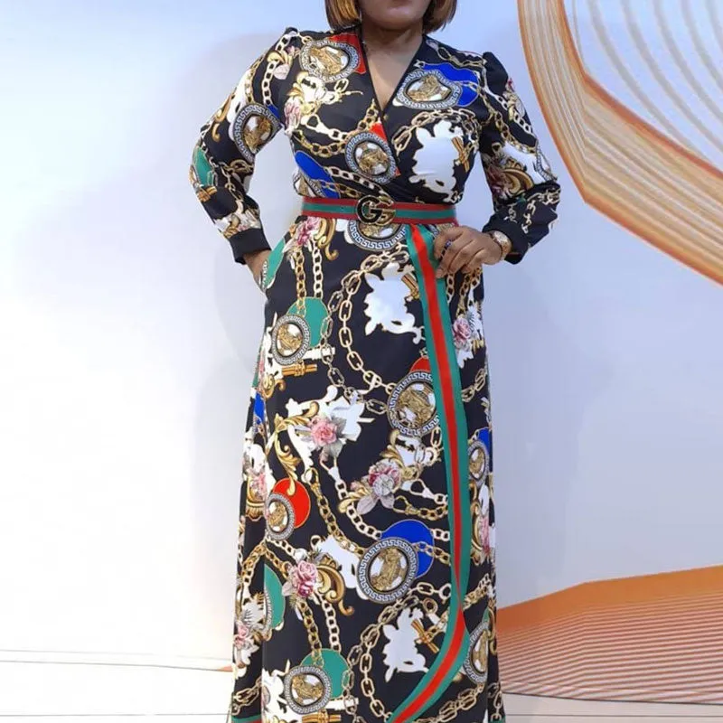 Chain Print V-Neck Long Sleeve Maxi Dress