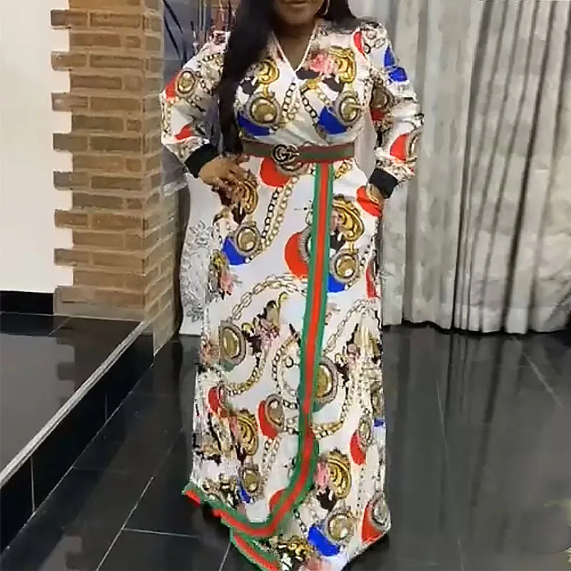 Chain Print V-Neck Long Sleeve Maxi Dress