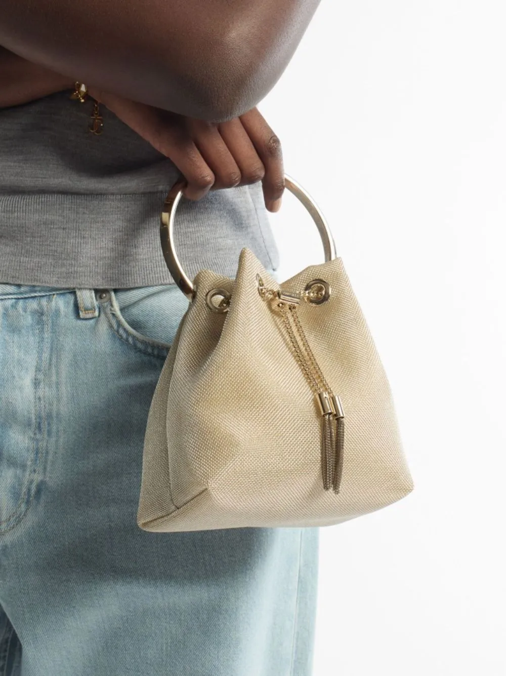 Champagne Bon Bon Light Gold Metallic Mesh Bucket Bag