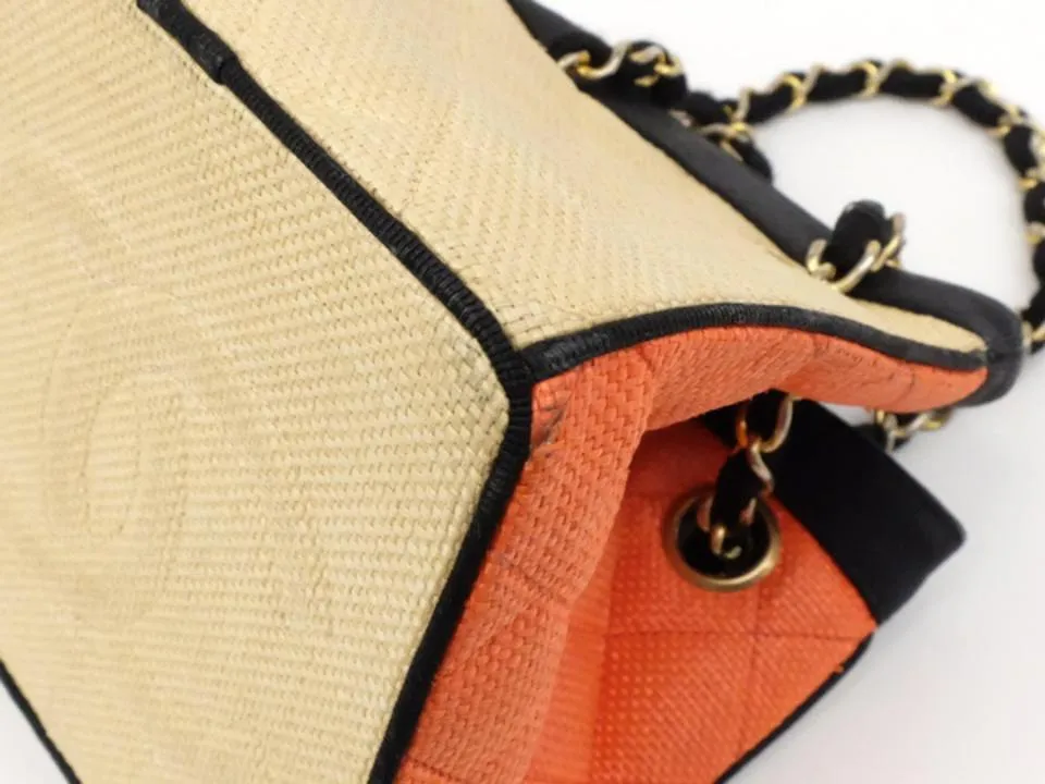 Chanel Bicolor Raffia Straw CC Logo Quilted Chain Basket Bag 858721