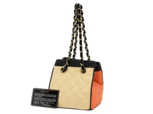 Chanel Bicolor Raffia Straw CC Logo Quilted Chain Basket Bag 858721